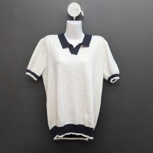 Hoooyi Texture Contrast Knitted V Neck Men's Polo Shirt Medium White